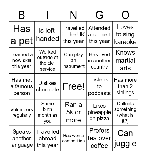 Get to know each other! Bingo Card