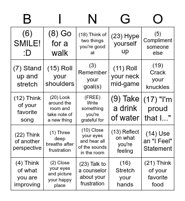 Things to do when I'm frustrated Bingo Card
