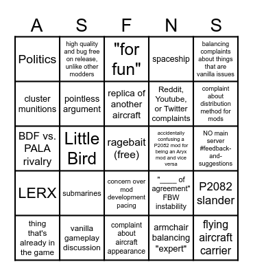 Aryx's Shipyards Feedback and Suggestions Bingo Card
