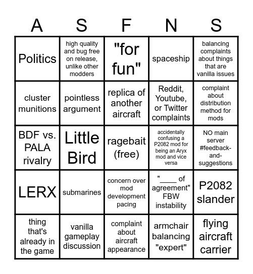 Aryx's Shipyards Feedback and Suggestions Bingo Card