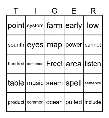 Sight Word Bingo Card