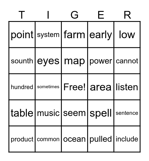 Sight Word Bingo Card