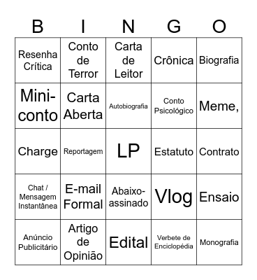 SHOW DE PRÊMIOS GÊNEROS TEXTUAIS Bingo Card