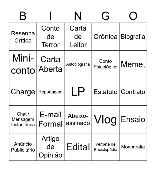 SHOW DE PRÊMIOS GÊNEROS TEXTUAIS Bingo Card