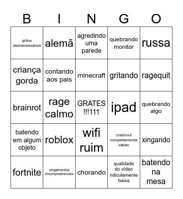 crianças ficando putas com joguinho Bingo Card