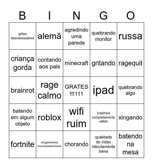 crianças ficando putas com joguinho Bingo Card