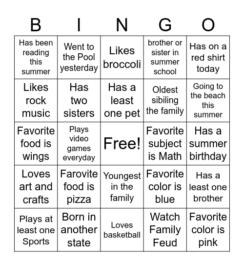 All About Me Bingo Card