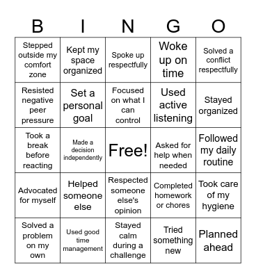 Independence Bingo Card