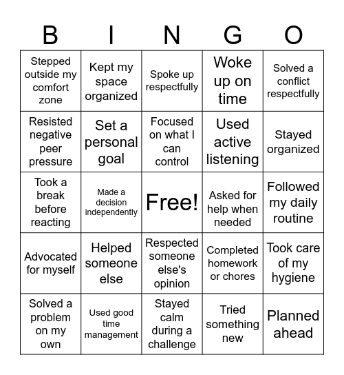 Independence Bingo Card