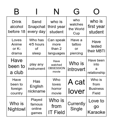 HUMAN BINGO GAME Bingo Card