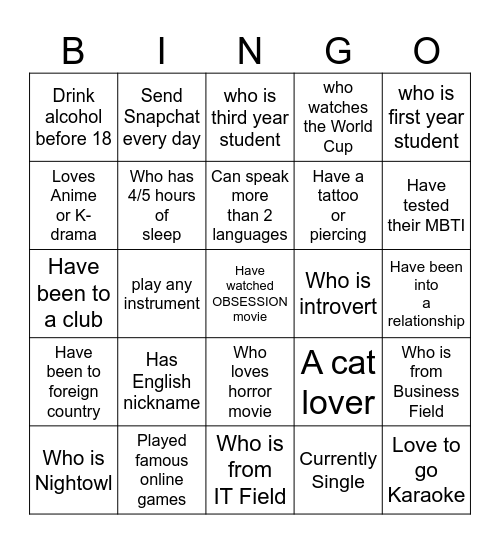 HUMAN BINGO GAME Bingo Card