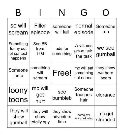 Cartoon Network Bingo Card