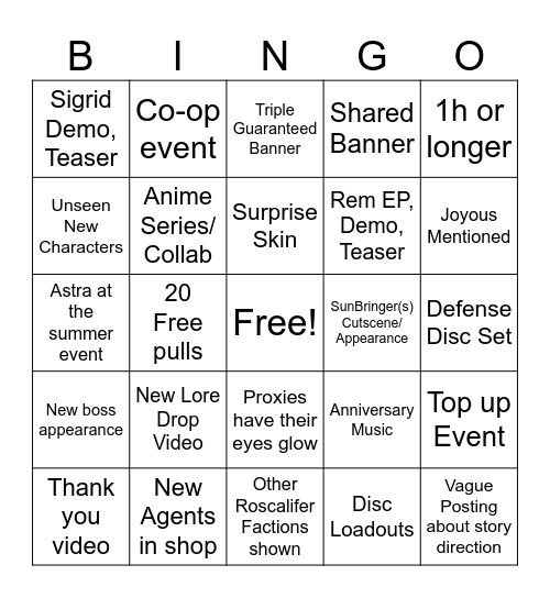 zzz 3.1 stream Bingo Card