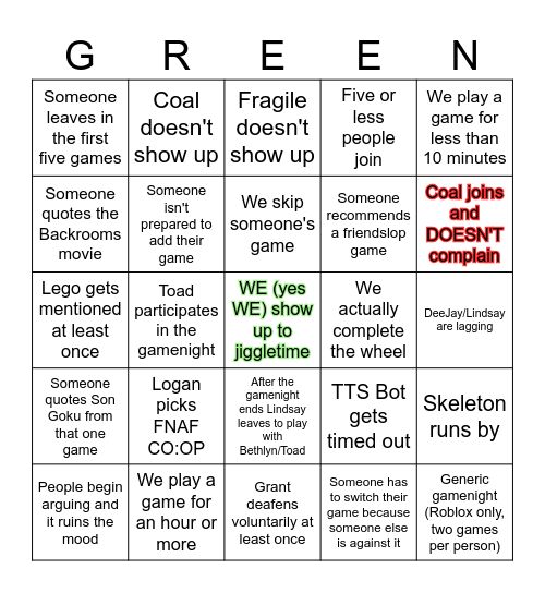 Green Rice jiggletime Bingo Card