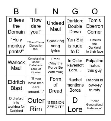 WWoDL: Star Wars Maul Bingo Card