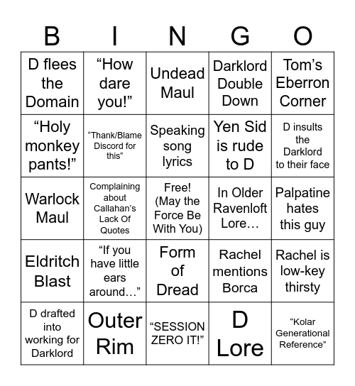 WWoDL: Star Wars Maul Bingo Card