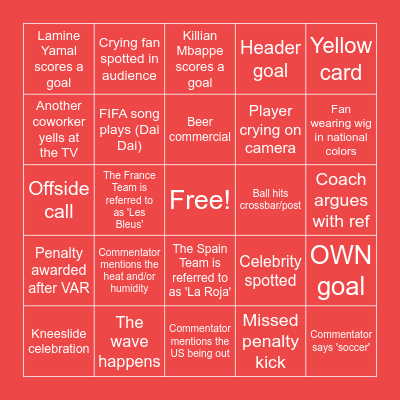FIFA BINGO: France x Spain ⚽😎☀️🏅 Bingo Card