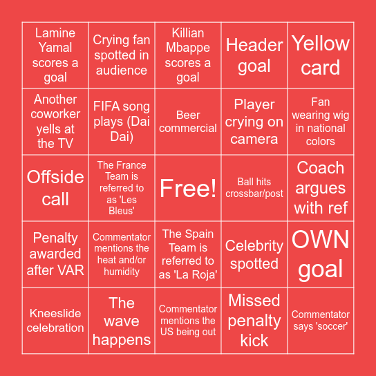 FIFA BINGO: France x Spain ⚽😎☀️🏅 Bingo Card