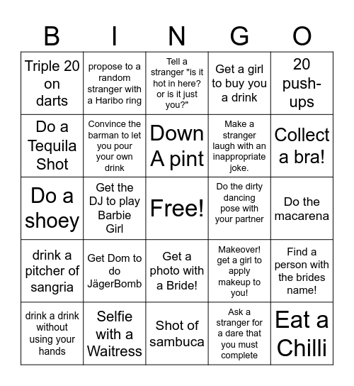 Doms Stag Bingo Card