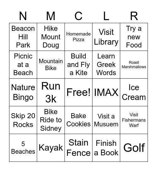 Jaron's Summer Bingo #1 Bingo Card