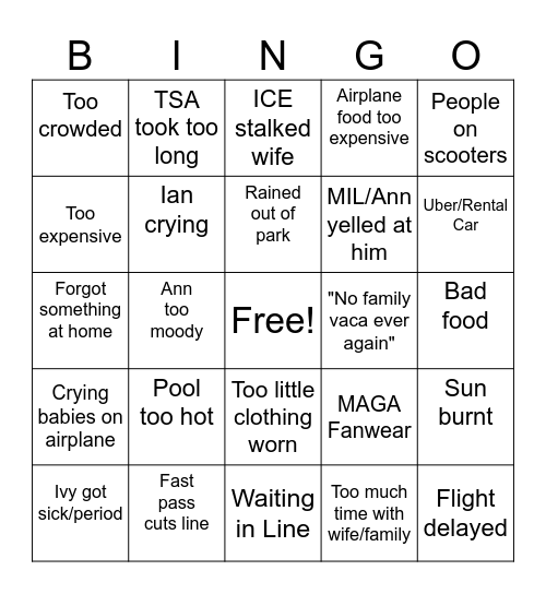 Kevin's Complaint Card Bingo Card