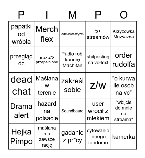 UmaPol Pimpo Bingo Card