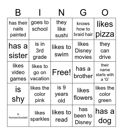 Glitter Gals Bingo Card