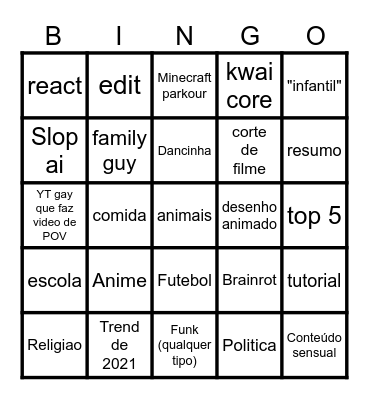 Youtube shorts (SOOS Bingo Card