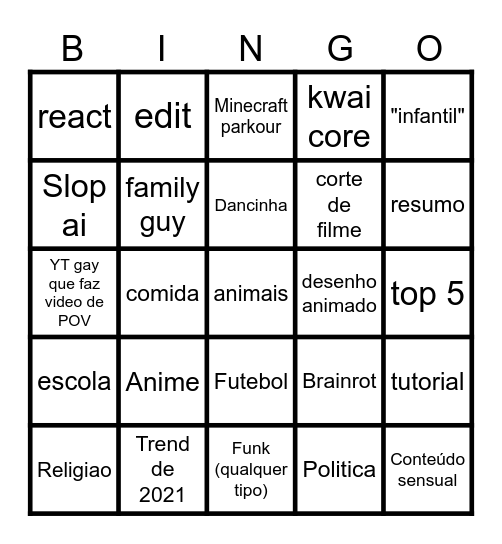 Youtube shorts (SOOS Bingo Card