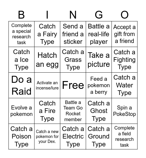 Pokemon GO BINGO Card Bingo Card