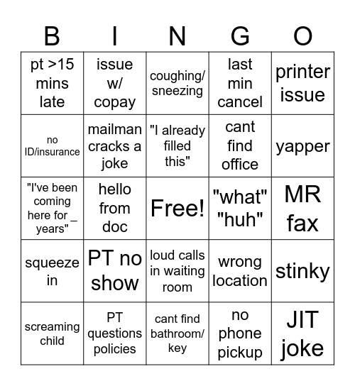 RECEPTION BINGO Card