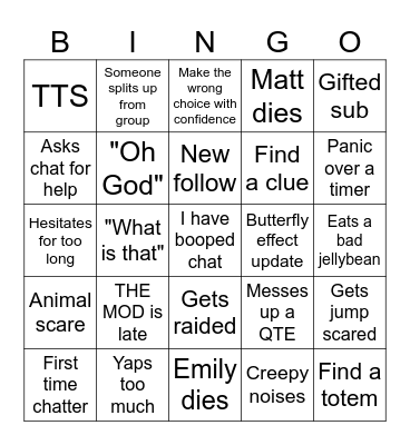 ScaredyChlo's Until Dawn Bingo (post in discord) Bingo Card