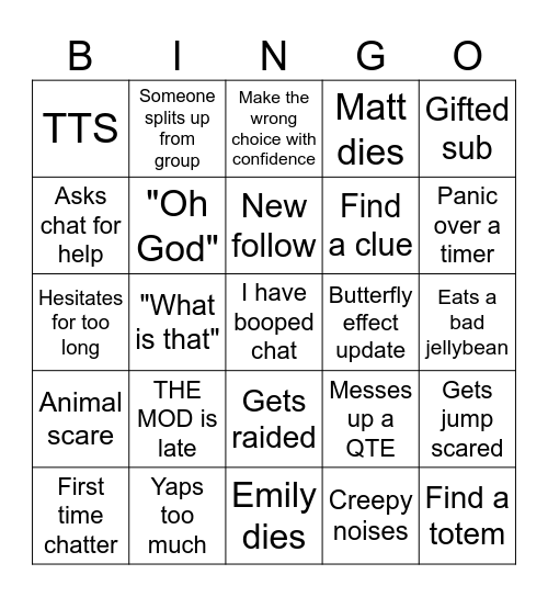 ScaredyChlo's Until Dawn Bingo (post in discord) Bingo Card