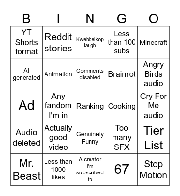 YT Shorts Bingo Card