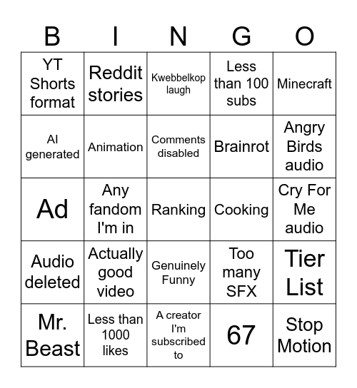 YT Shorts Bingo Card