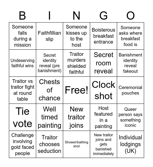 Traitors Bingo Card
