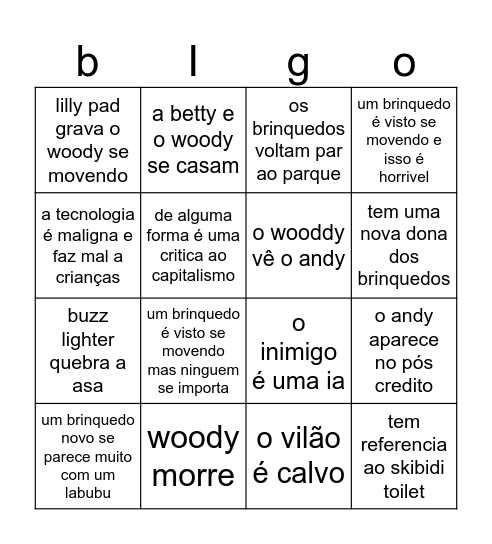 toystory 5 Bingo Card