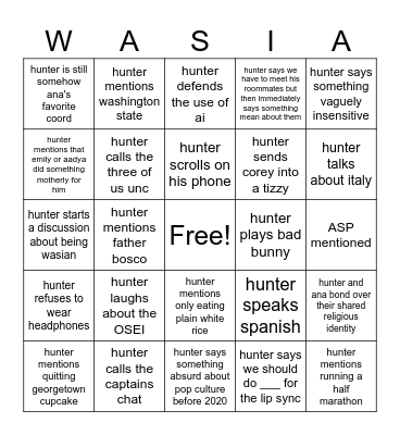 hunter bingo Card