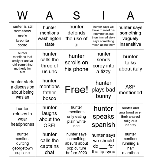 hunter bingo Card