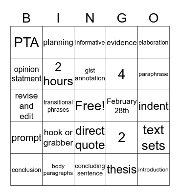 FSA Writing Bingo Card