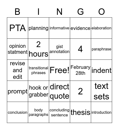 FSA Writing Bingo Card