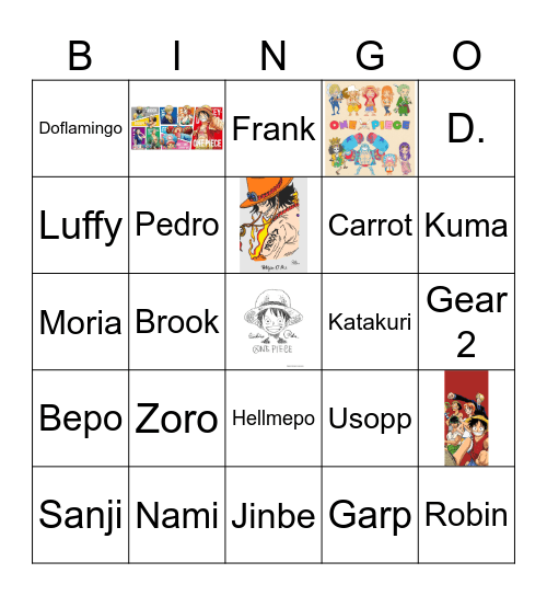 Luffy, Zoro, Nami, Usopp, Sanji, Chopper, Robin, Franky, Brook, Jinbe, Ace, Sabo, Shanks, Mihawk, Buggy, Crocodile, Doflamingo, Kaido, Big Mom, Barba Negra, Law, Kid, Yamato, Boa Hancock, Smoker, Tashigi, Akainu, Aokiji, Kizaru, Garp, Sengoku, Coby, Helm Bingo Card