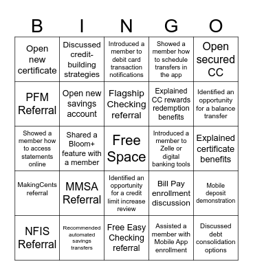 Financial Outreach Bingo Card