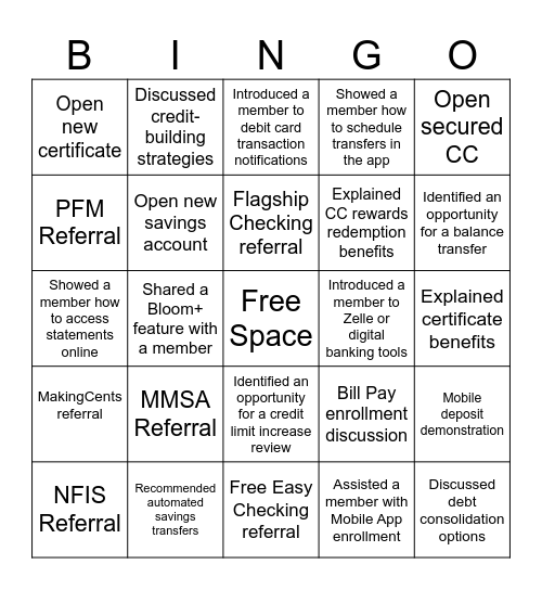 Financial Outreach Bingo Card