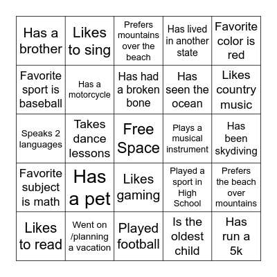 The Getting To Know You Scavenger Hunt Bingo Card