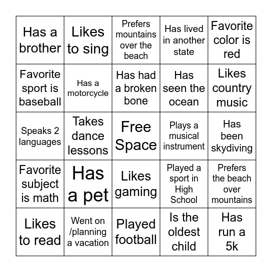The Getting To Know You Scavenger Hunt Bingo Card