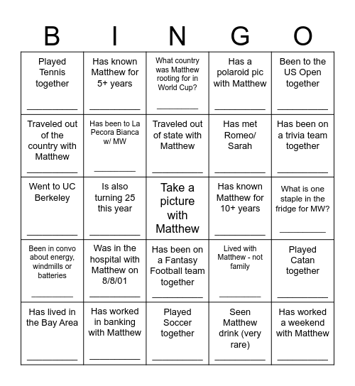 Matthew's 25th BDay BINGO Card