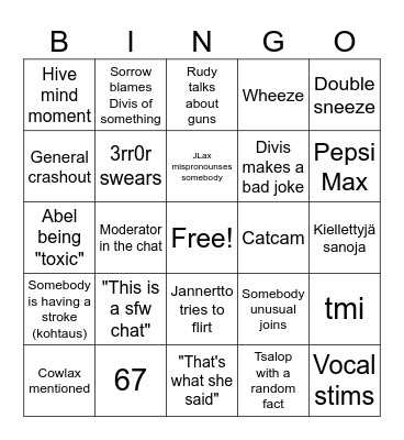 COMFY CHAT Bingo Card