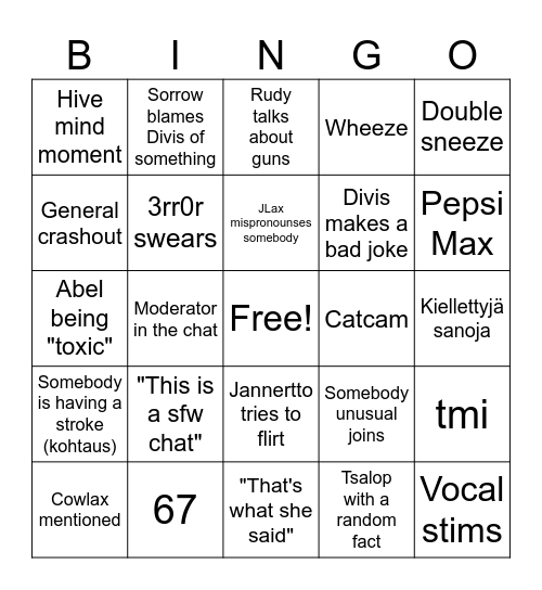 COMFY CHAT Bingo Card