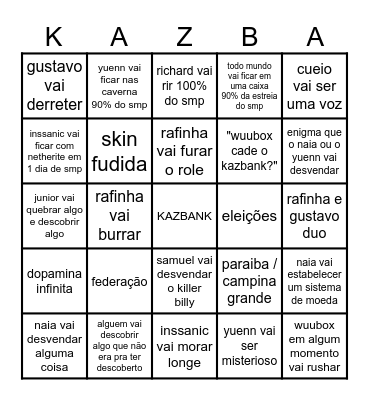 COISAS QUE VÃO ACONTECER NO KAZBANK Bingo Card